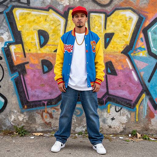 Photograph of a young man with light brown skin, short beard, wearing a red cap, yellow and blue varsity jacket, white shirt, blue
