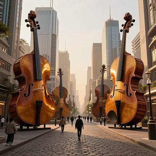 Photograph of a city street at sunset, featuring enormous, shiny, bronze cello sculptures on both sides, with people walking in the cobblestone