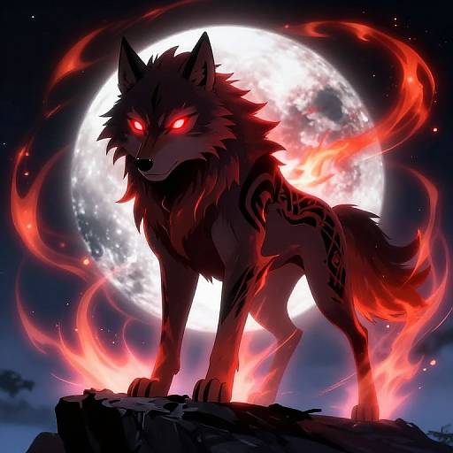 Digital art of a fierce, glowing red-eyed wolf with black fur and red tribal markings, standing on a rock against a full moon, surrounded by swirling