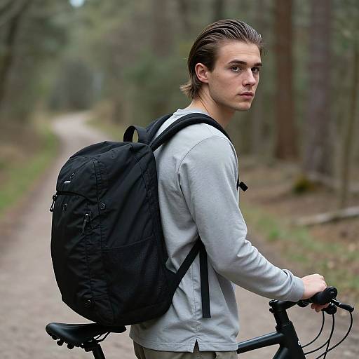 Photograph of a young Caucasian man with slicked-back brown hair, wearing a gray hoodie and black backpack, riding a bike on a forest path.