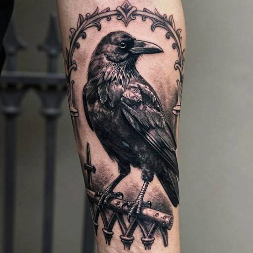 Black and grey tattoo of a detailed, realistic crow perched on a sword, surrounded by ornate designs on a forearm.