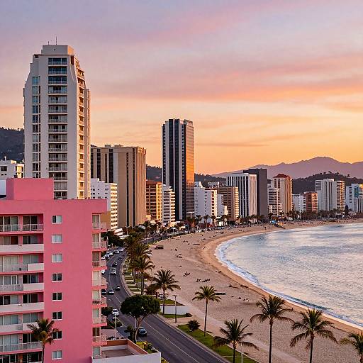 Photograph of a coastal city at sunset, featuring tall modern buildings, pink high-rise, palm trees, and a curving beach with gentle waves.