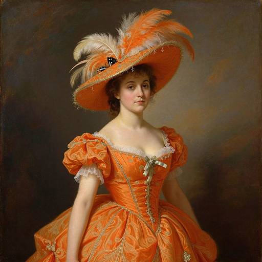 18th-century portrait of a young woman in an ornate orange dress with puffed sleeves and a large, feathered orange hat.