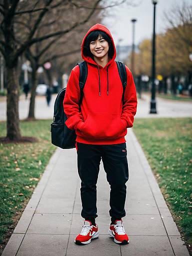 Young Man in Red Hoodie Standing Outdoors