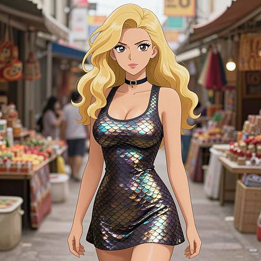 Digital anime-style drawing of a blonde woman with large breasts in a shiny black sequin dress, black choker, and long wavy hair, standing