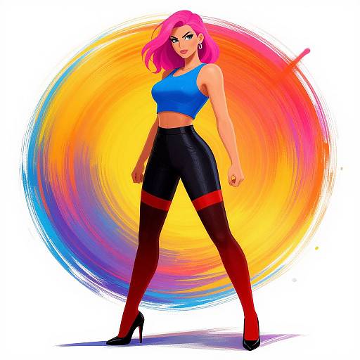 Digital artwork of a pink-haired woman with red thigh-high boots, black leather shorts, and blue crop top, standing confidently against a vibrant, swirling rainbow