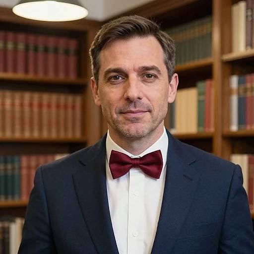 Photograph of a middle-aged man with short brown hair, light skin, wearing a dark navy suit, white shirt, and maroon bow tie,