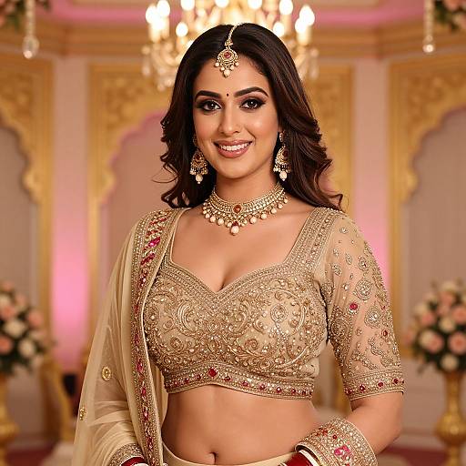 Photograph of a smiling Indian bride in a gold embroidered crop top and beige saree, adorned with intricate jewelry, standing in an ornately decorated hall