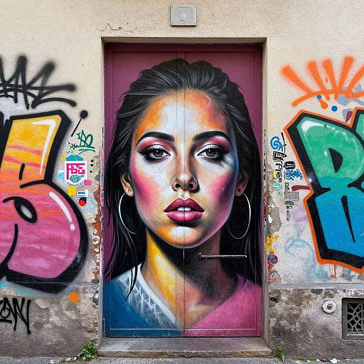 Vibrant street art photograph: Detailed, realistic female portrait with bold colors on a graffiti-covered door, surrounded by colorful tags and stickers.