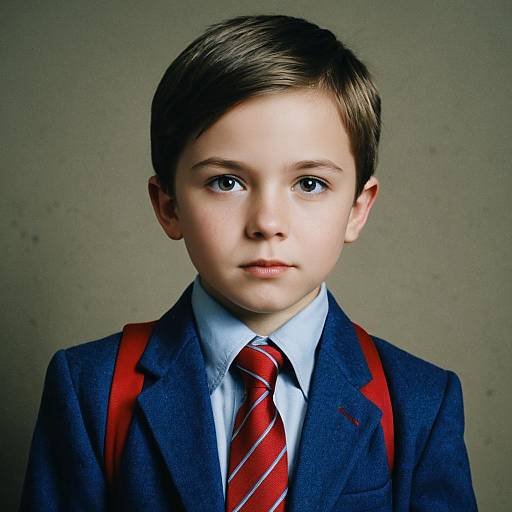 Photograph of a young boy with fair skin and brown hair, wearing a dark blue suit, red striped tie, and red suspenders, against a