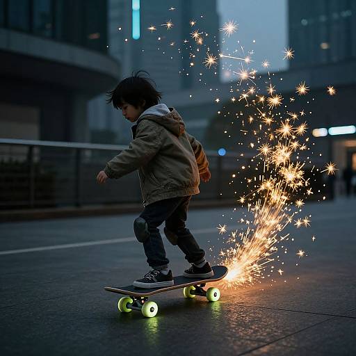 Photograph of a young boy with dark hair, wearing a beige jacket and black pants, skateboarding and creating sparkling sparks on a city street at dusk