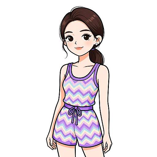 Digital anime-style drawing of a smiling young woman with fair skin, dark brown hair in a ponytail, wearing a purple and white zigzag patterned