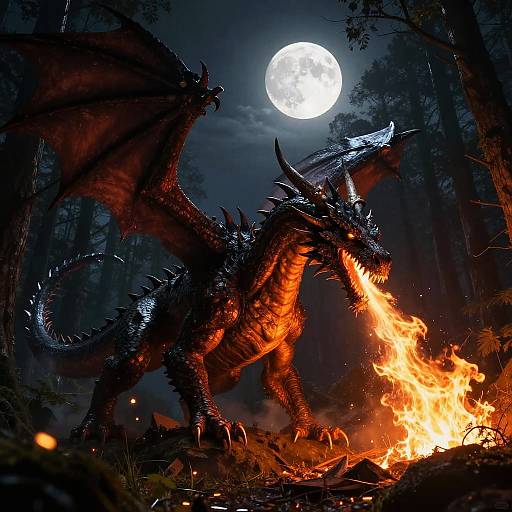Photograph of a fierce black dragon with glowing red eyes, roaring with fiery breath under a full moon in a dark forest.