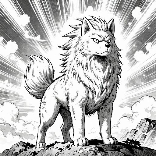 Monochrome manga-style drawing of a fierce, standing wolf with a thick mane, radiating light and energy from a cloudy sky.