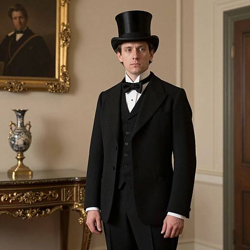 Photograph of a young Caucasian man in a black Victorian-era suit, top hat, and bow tie, standing in a luxurious, ornately decorated room