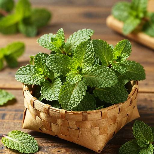 Photograph of a woven, square, brown basket filled with fresh, vibrant green mint leaves, placed on a rustic wooden surface.