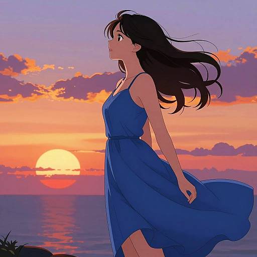 Anime Woman in Blue Dress at Sunset