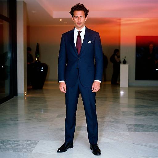 Photograph of a young man with curly hair, dark skin, wearing a black suit, white shirt, and maroon tie, standing in a modern