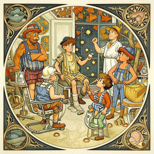 Colorful, whimsical illustration of five boys in overalls and hats, crafting in a cluttered workshop, surrounded by tools and autumn leaves, framed