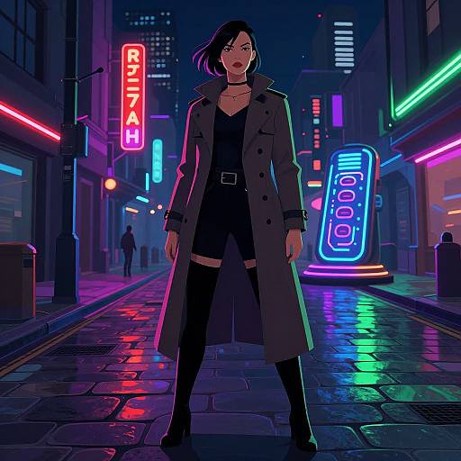 Digital art of a confident woman in a black coat and thigh-high boots standing in a neon-lit, rainy city street at night. Neon signs glow