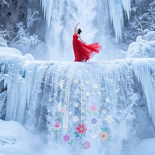 Photograph of a woman in a flowing red dress standing on icy waterfall, surrounded by snow-covered trees, with colorful flower patterns below.