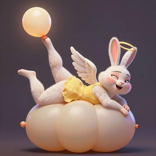 CGI illustration of a white, winged, anthropomorphic rabbit with a halo, wearing a yellow dress, playfully lying on a large, glowing
