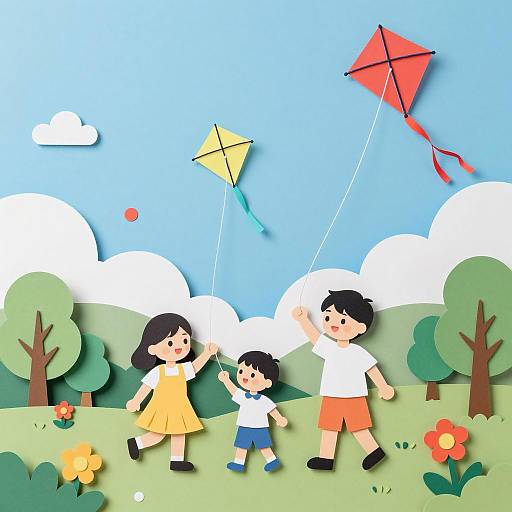 Paper Cutout Family Flying Kites Outdoors
