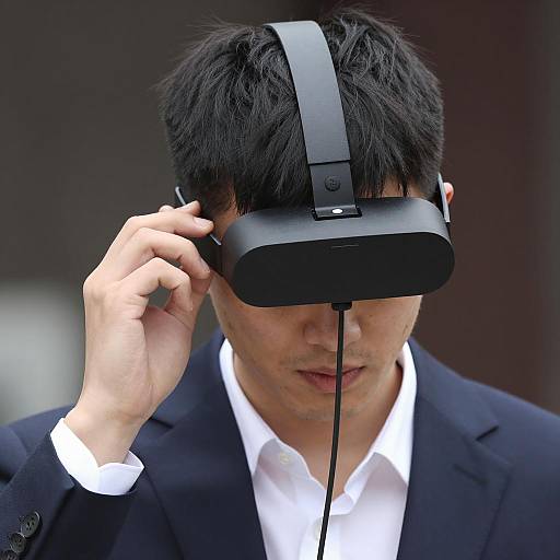 Focused Young Man with Head-Mounted Device