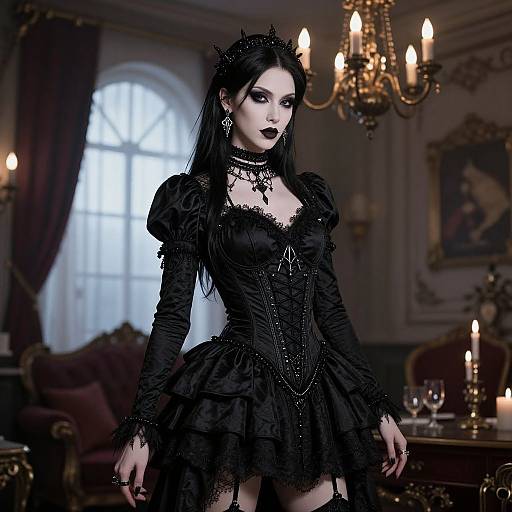 Gothic gothic woman in black lace dress, crown, black lipstick, pale skin, standing in dimly lit, elegant Victorian room with ch