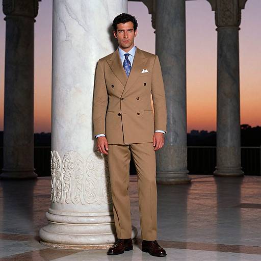 Photograph of a handsome man with dark curly hair in a tan double-breasted suit, white shirt, blue tie, and pocket square, standing against