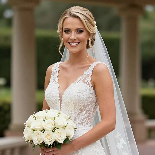 Blonde bride in white lace wedding dress and veil, holding white rose bouquet, smiling outdoors with columns in background. Photograph.
