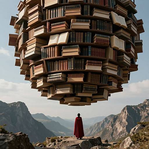 Digital artwork of a floating, spherical library filled with books, hovering over a mountainous landscape. A lone figure in a red robe stands below, g
