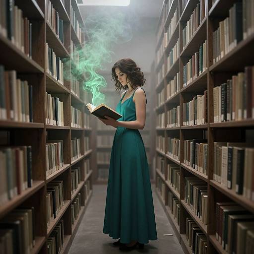 Photograph of a brunette woman in a teal dress, reading a book with green smoke, standing in a long, narrow library aisle filled with booksh
