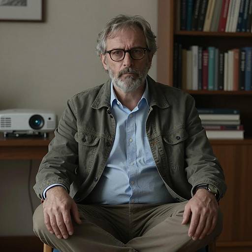 Middle-aged man sitting crossed-legged indoors