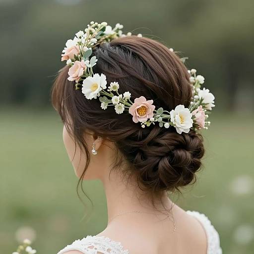 Photograph of a woman with dark brown braided bun, adorned with a flower crown of white and pink blossoms, wearing a white lace dress,