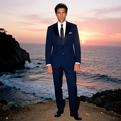 Photograph of a handsome man in a black suit, white shirt, and tie standing on a rocky beach at sunset. Ocean and cliffs in the background