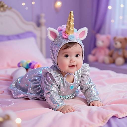 Photograph of a smiling baby in a sparkly unicorn onesie with a golden horn and colorful tail, lying on a pink bed with teddy bears