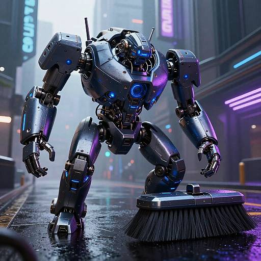 CGI image of a futuristic, silver robotic warrior with blue lights, standing on a wet city street, sweeping with a broom. Neon signs illuminate