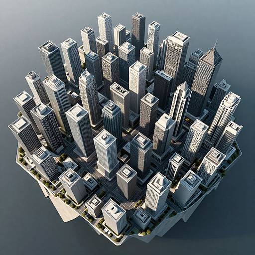Aerial CGI of a densely packed, futuristic cityscape with various high-rise buildings, surrounded by a calm, blue ocean.