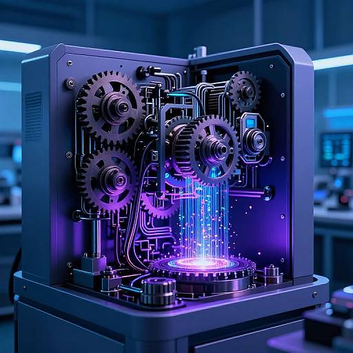 Photorealistic CGI of a futuristic, glowing, metallic machine with interlocking gears, neon blue and purple lights, and intricate circuitry in a dim
