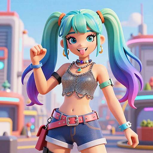Vibrant CGI anime-style girl with teal-blue and purple twin-tails, tongue out, wearing crop top, denim shorts, and accessories, in