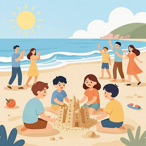 Family Building Sandcastle on Sunny Beach