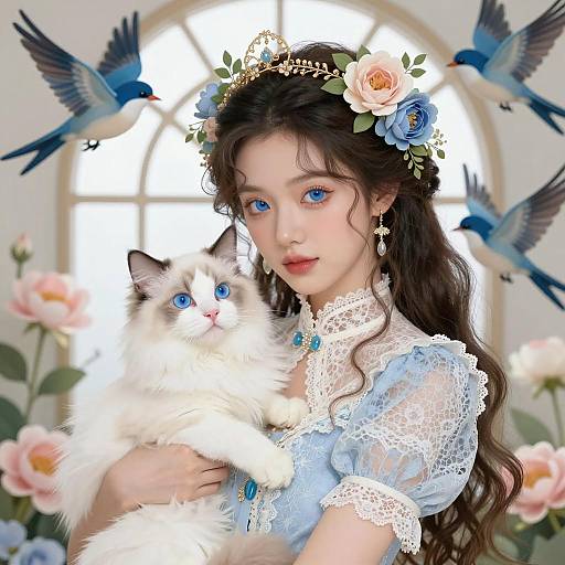 Whimsical Floral Portrait with Blue Accents