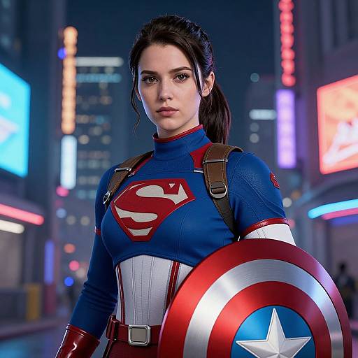 Photorealistic CGI of a determined woman in a blue Supergirl suit with red 