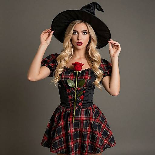 Blonde woman in black witch hat and red plaid dress, holding a rose, against a grey background, photograph.
