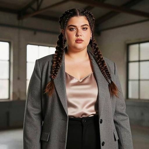 Plus-Size Model with Five-Strand Braids and Structured Blazer