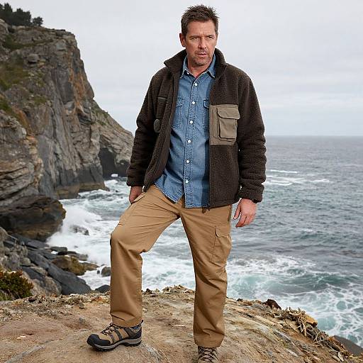 Photograph of a middle-aged man with short, dark hair, wearing a blue shirt, dark jacket, beige pants, and hiking boots, standing on