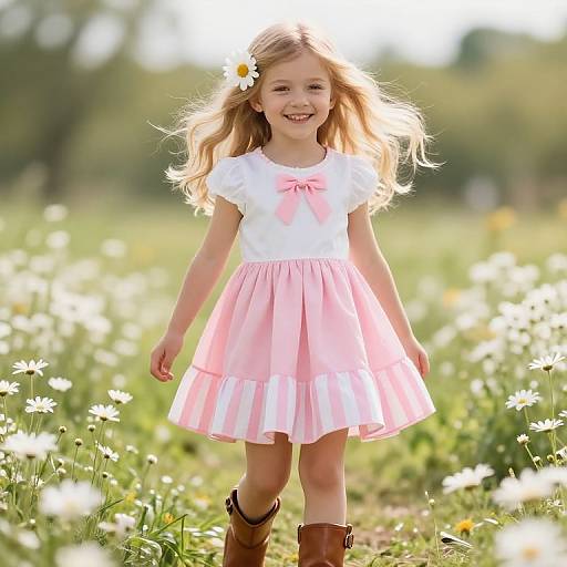 Photograph of a smiling young girl with blonde hair, wearing a white top and pink skirt, brown boots, and a daisy hairpiece, walking