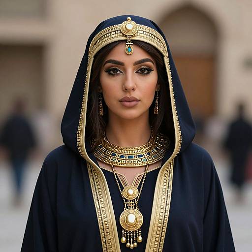 Photograph of a woman with dark hair, wearing a black hooded robe with gold trim, intricate jewelry, and a headpiece, standing in a