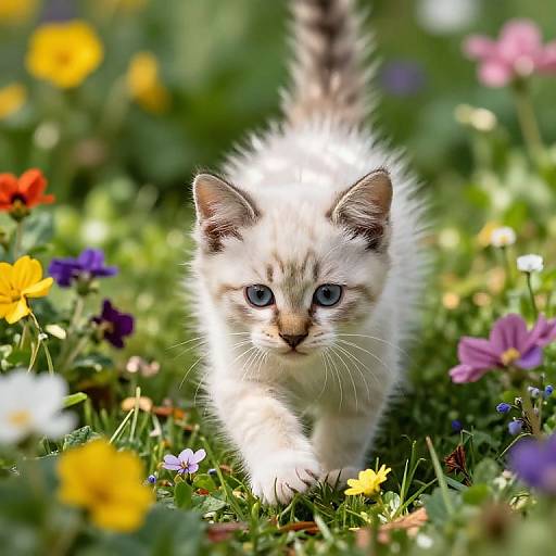 Photograph of an adorable, fluffy, light-gray kitten with blue eyes, walking through a colorful, sunlit garden filled with blooming flowers.